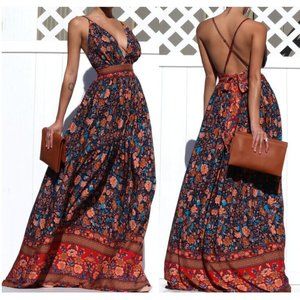 Boho Gypsy Floral Print Open Back Maxi Dress Bohemian Chic Long Dress